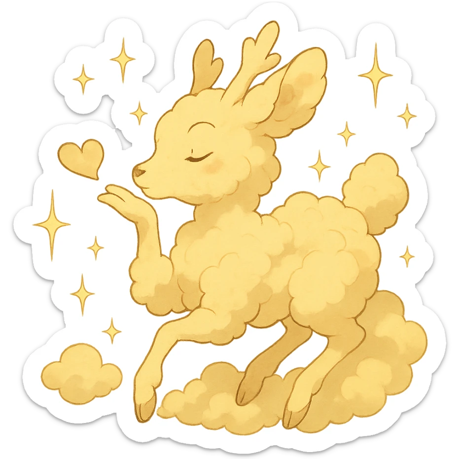 dreamy cream yellow cloud doe in Ghibli style with sparkles, blowing a kiss sticker