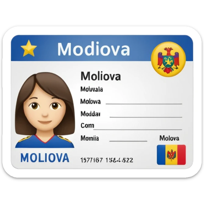 ID card with placeholder lines instead of text, small silhouette of Moldova in the corner, classic emoji style sticker