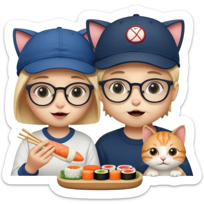 cute girl cat wearing glasses and a cute boy cat wearing a baseball cap eating sushi together sticker