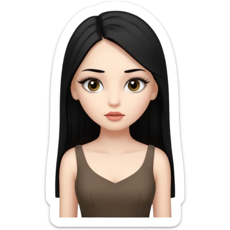 Cabelos pretos longos lisos ,olhos pretos escuros puxadinho para cima com cílios grandes Pele clara ,nariz pequeno ,lábios mais carnudos ,adolescente 16 anos , com vestido de alinhamento sticker