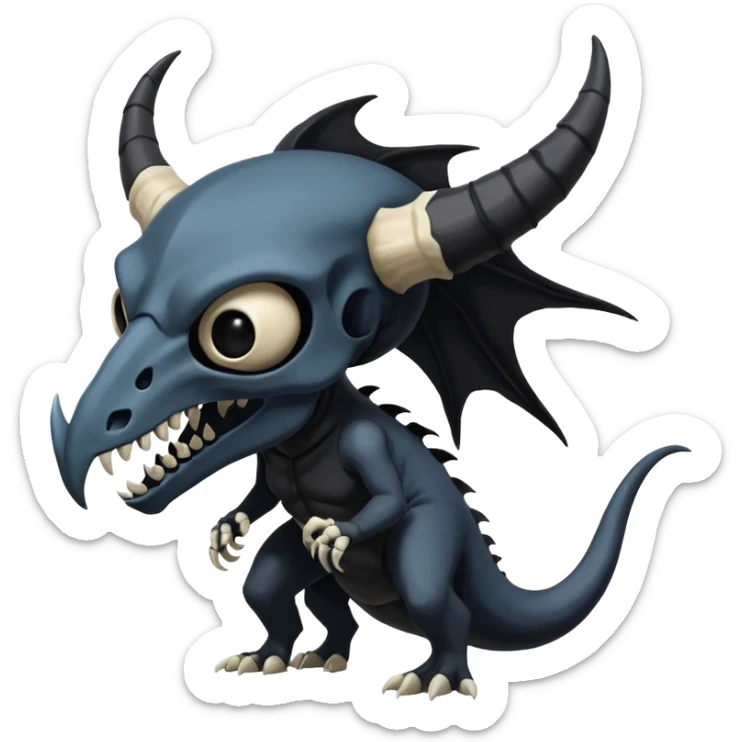 Shiny Dark Edgy  Duskull-Salandit-Inteleon-Amaura-Fakémon-hybrid-creature (full body) with a horned animal-skull-mask sticker