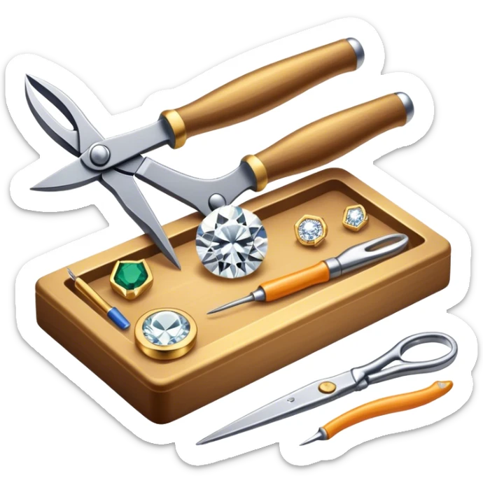 Create a bright and detailed icon representing jewelry art and the craft of making jewelry. The design should feature elements like a sparkling diamond, a gold ring, a jeweler’s tools (such as pliers and a workbench), and some delicate detailing that conveys craftsmanship and luxury. The icon should be clean, vibrant, and visually striking, with a balance of sophistication and creativity. sticker