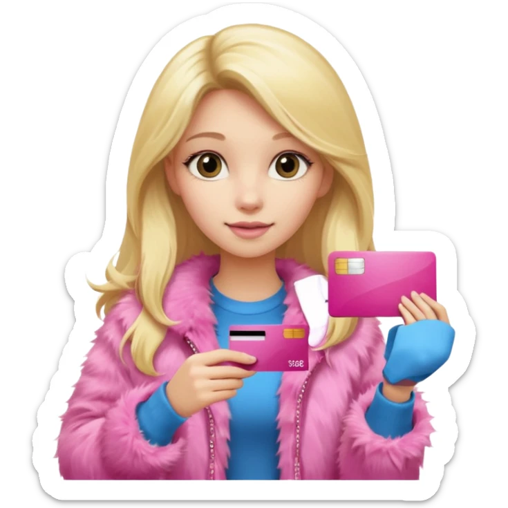 girl with blonde long hair, wearing pink fur, holding a pink credit card sticker