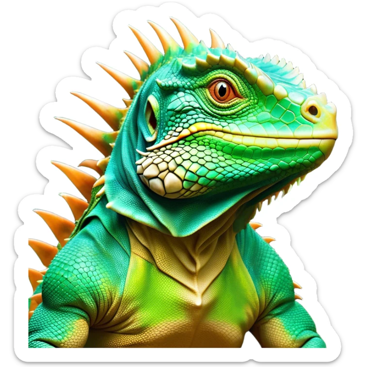 Cinematic Noble Iguana Portrait Emoji, Poised and majestic, with a robust, muscular build and a vibrant, scaly body accented by a prominent spiky crest and keen, observant eyes, Simplified yet sharp and sophisticated features, highly detailed, glowing with a soft, jungle radiance, high shine, intelligent and formidable, stylized with an air of ancient reptilian authority, focused and commanding, soft glowing outline, capturing the essence of a watchful guardian that appears ready to stride out of the screen with effortless might! sticker