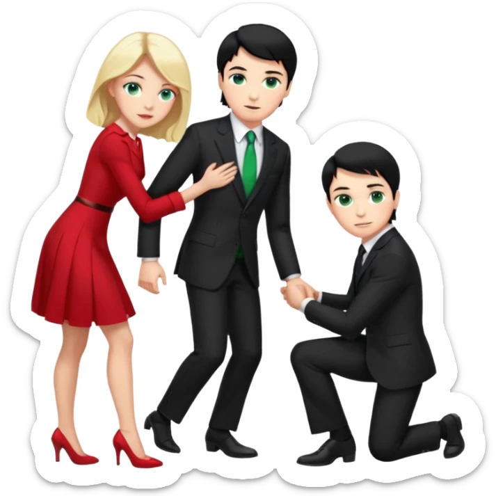 2 Person, prince, upright, black Hair, blue eyes, whole body, Woman, blonde Hair, Green eyes, bending knee, sleveless White Dress, sticker