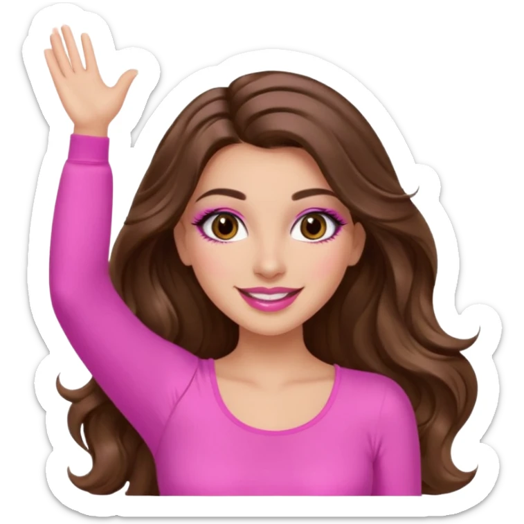 girl with long wavy brown hair, brown eyes, long lashes makeup, sexy pink lips, light to medium complexion, wearing a pink sexy top, both hands in the air high sticker