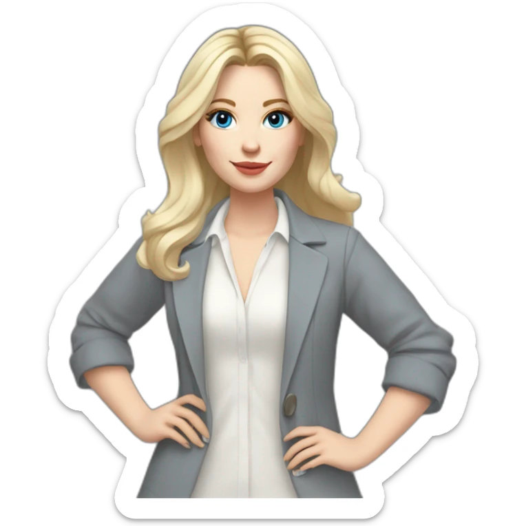 pale skin woman interior designer with cold blonde middle length hair, blue eyes, White blouse, Gray oversize jacket, Gray skirt holding a color palette in the hands sticker