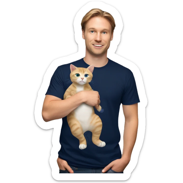 caucasian rich in navy blue t-shirt with a baby cat on this shoulder sticker