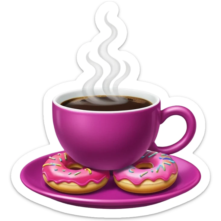 A steaming cup of coffee, magenta with a yellow butterfly print, sits on a magenta saucer with colorful donuts. sticker