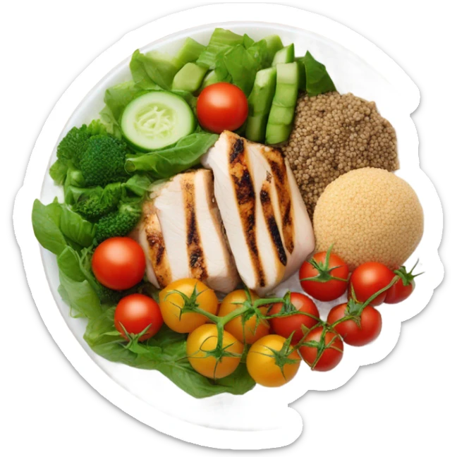 Look up on a large white round plate of healthy food sticker