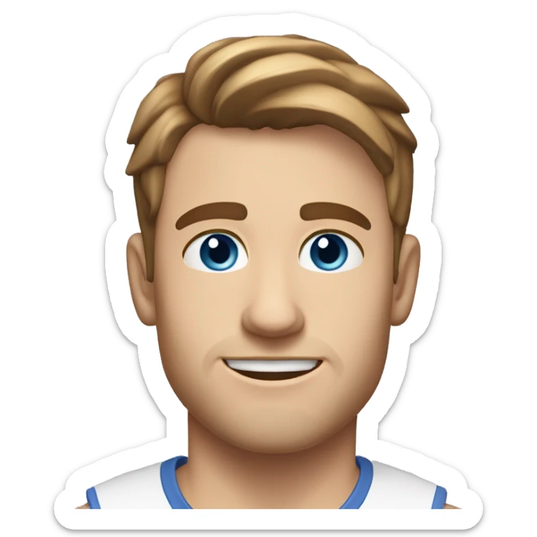 A head and shoulders shot of a 26 year old Caucasian man, with short brown hair,   with blue eyes wearing a t-shirt. sticker