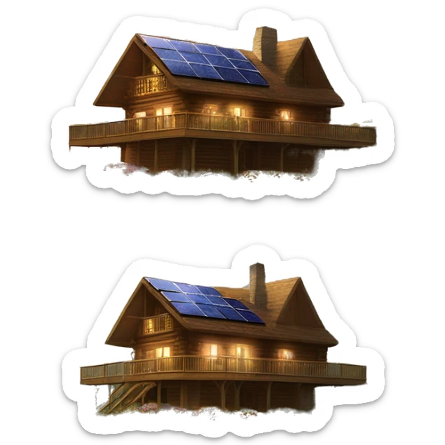 Skywalker Cabin is a clean Very big Wood Cabin near tree on the mountain in the background. The cabin is 5 stories tall with extensive solar arrays on top. The cabin sits on thick grass fields. porch lights on ,guests on porch smoking ,flowers and bushes  sticker
