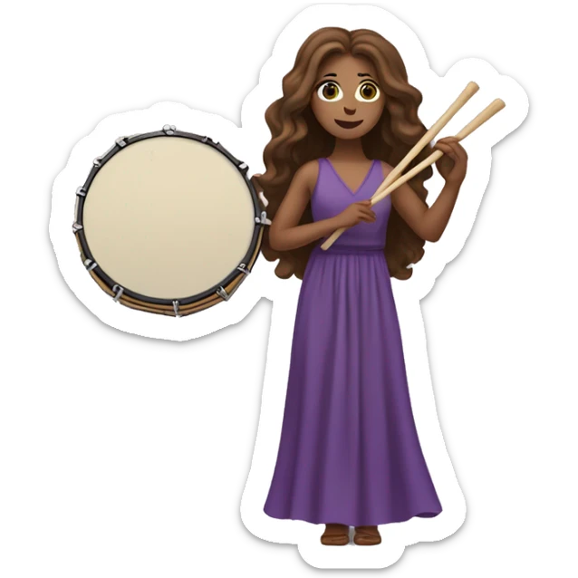 White woman standing with long flowing purple dress and long wavy brown hair holding a small handheld frame drum and a drum stick sticker