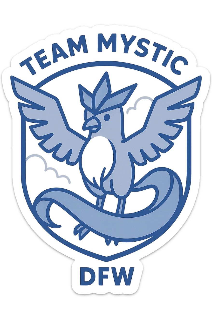 badge-style logo for Pokémon Go Team Mystic DFW with Articuno in center, 'Team Mystic' above, 'DFW' below, electric blue accents sticker