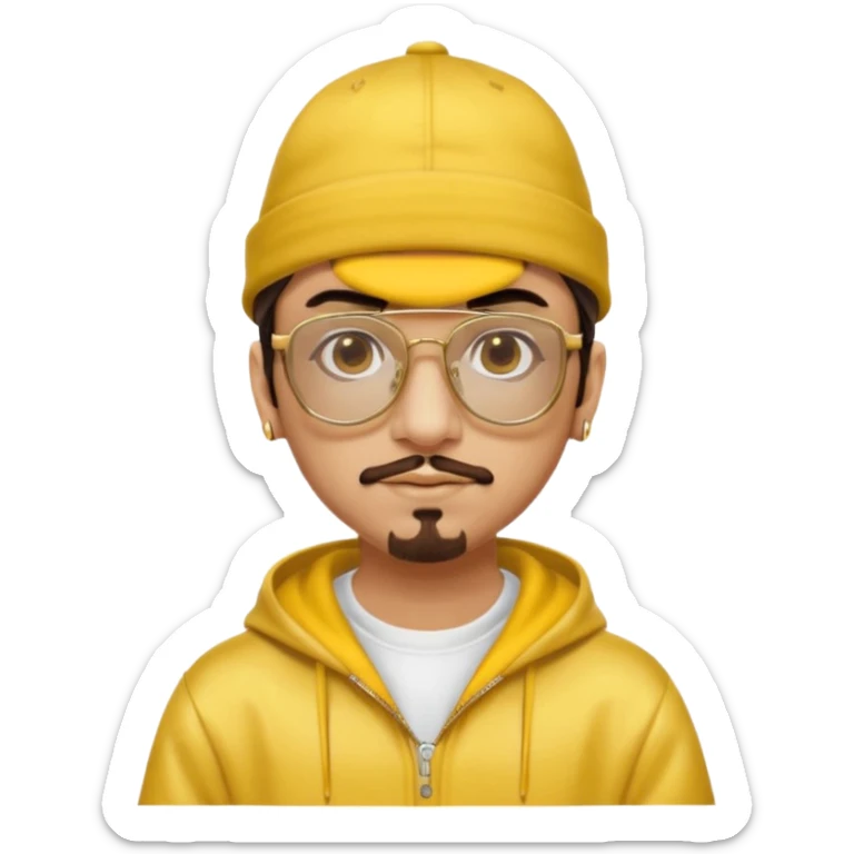Ali G from Ali G Indahouse with brown eyes, dark brown hair, gold outfit, yellow glasses and hat sticker