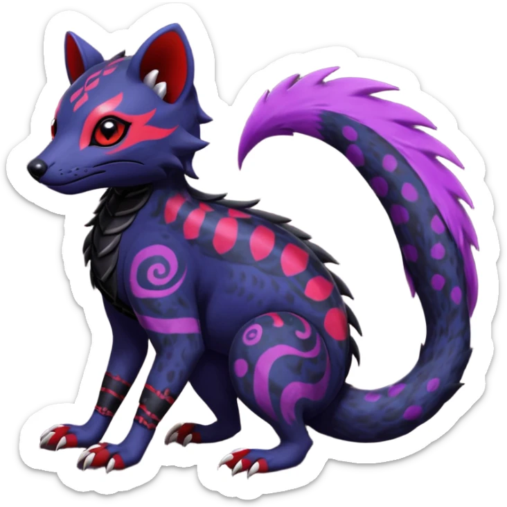Rare warm-colored exotic gloomy tropical edgy cute epic aesthetic spooky indigo violet white black red gothic colorful Salandit-Noibat-Civet-species-Fakemon-hybrid-creature, with tribal tattoo markings, full body sticker