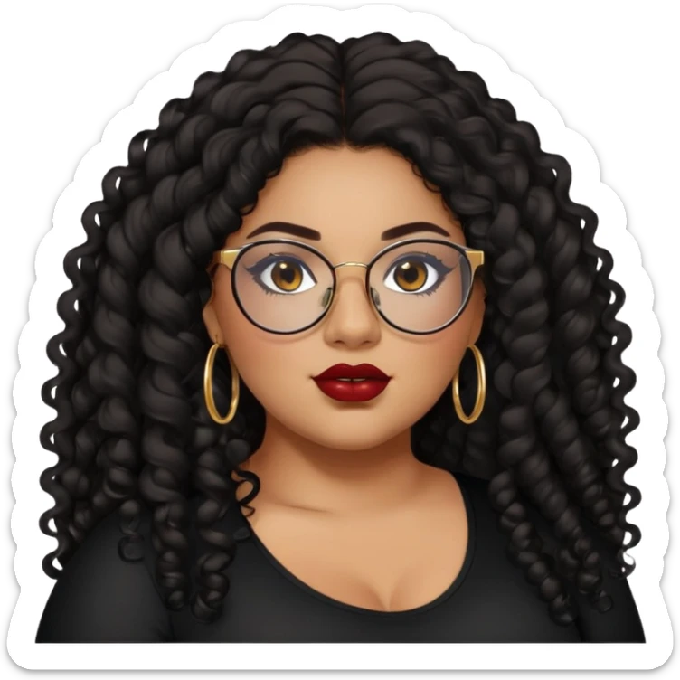 teen big plus size, latina, darker tan skin, gold hoops, long black curly hair, baddie,pretty, makeup, dark red lipgloss, black eyeliner, long hair, black top, black glasses sticker
