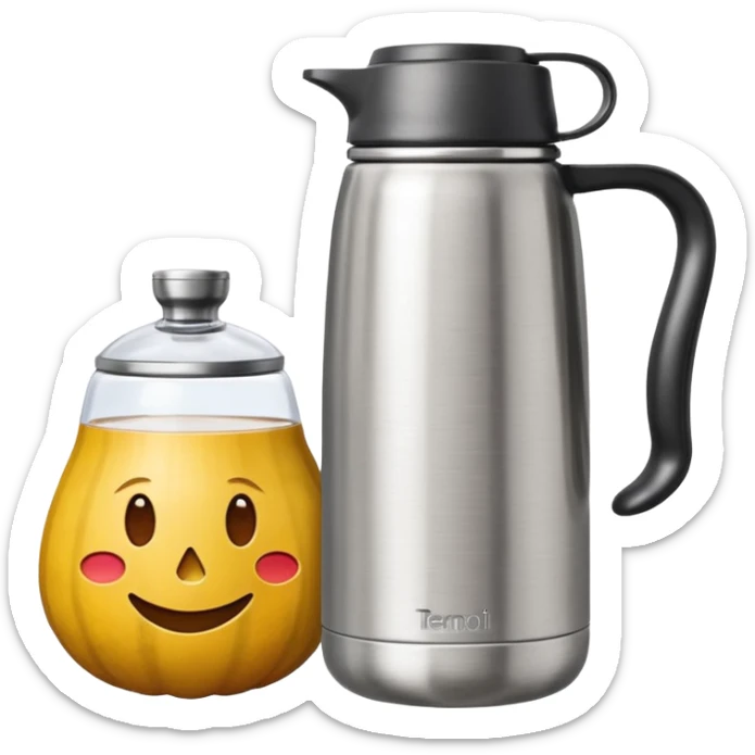 thermal water bottle with lid next to a stainless steel cup with a tereré gourd inside, emoji style sticker