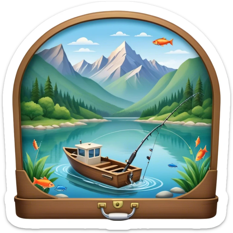 Icon for Fishing Travel: a boat on a calm lake surrounded by mountains and lush greenery, with fish jumping out of the water, a fishing rod, tackle box. The icon should capture the peaceful and adventurous nature of fishing trips. Transparent background. sticker