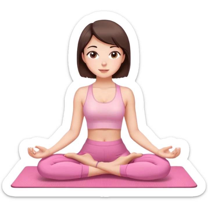 Brunette short hair and brown eyes yoga beautiful girl in light pink pink pink clothes sitting on a yoga mat sticker