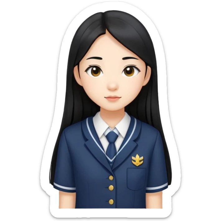fashionable Asian schoolgirl with long straight black hair, stylish school uniform sticker