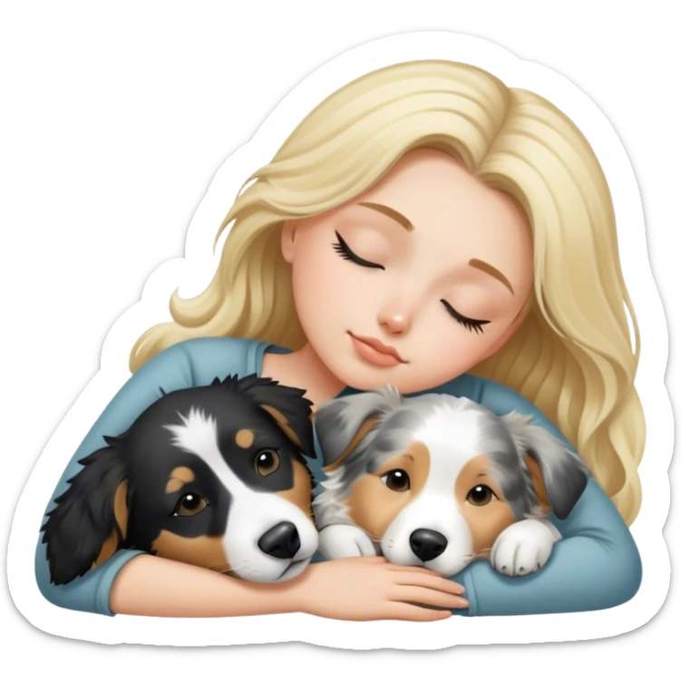 White girl blonde hair sleeping with black and white Australian shepherd  sticker