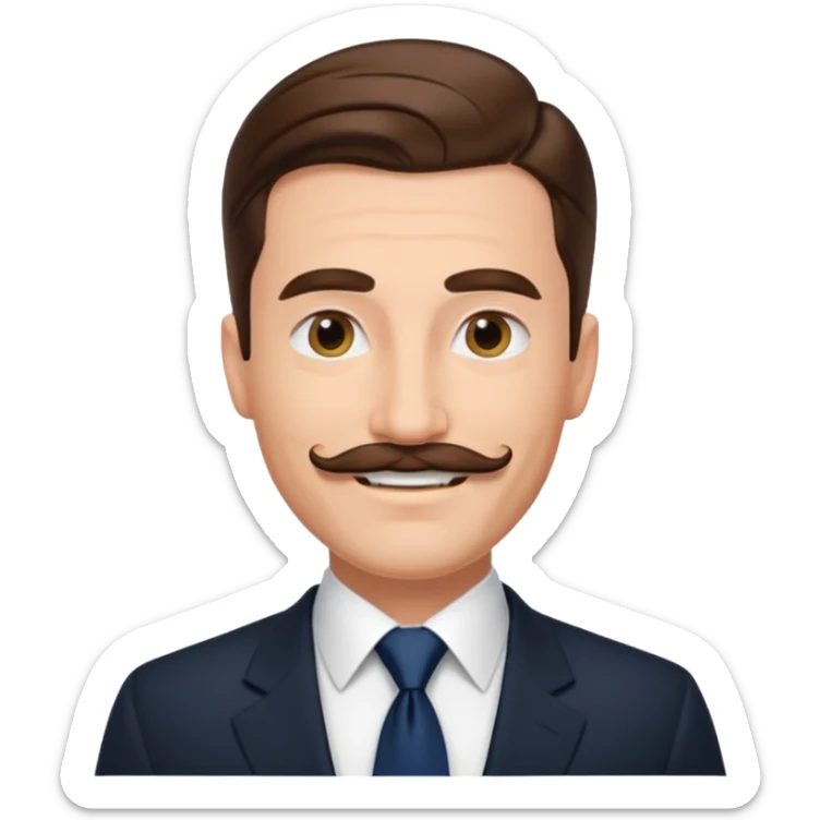Caucasian man emoji, slicked back brown hair, black suit, navy tie, mustache, smiling sticker