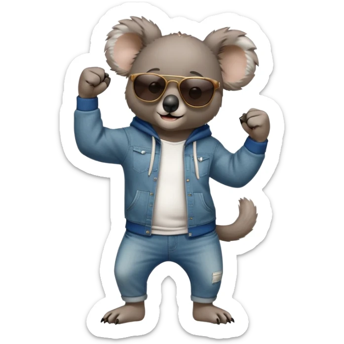 anthropomorphised koala, full body, wearing a hoodie and jeans, dark sunglasses, shaking fist in a different pose sticker
