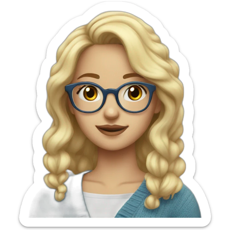 a blonde girl, 23 years old, with transparent! glasses, very cute, with blue cardigan with clouds sticker