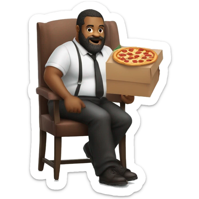 big Man with lipstick on and a beard sitting on chair and holding a pizza box sticker