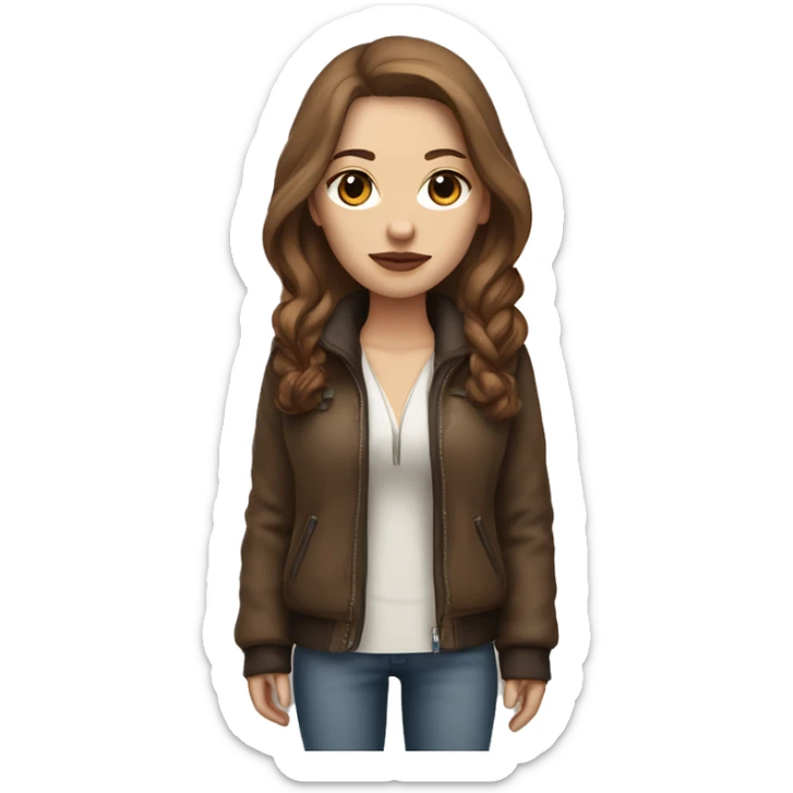 white woman with long brown hair in a furry jacket standing alongside a white pitbull with a brown eye patch  sticker