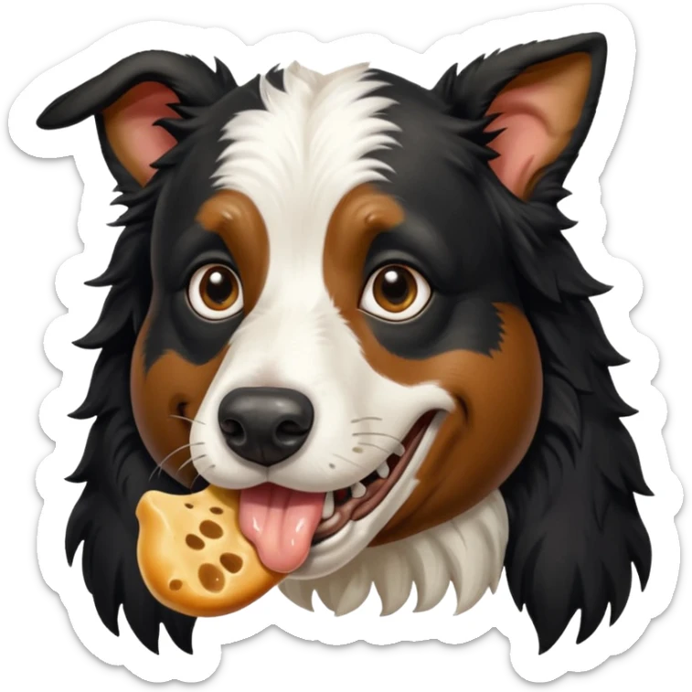 A black and white border collie is chewing on a rotten, smelly cow's hoof. sticker