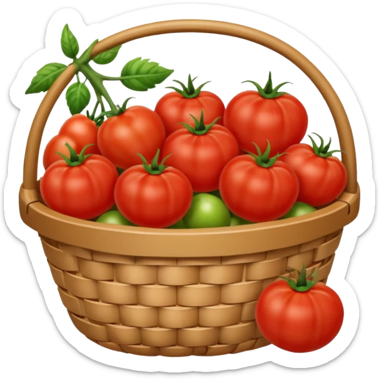 It is an image of fruits including tomatoes in the basket, and there are 5 to 6 fruits sticker