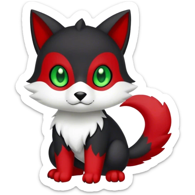 Cute cool black red animal hybrid Fakemon full body, green eyes, white belly, white muzzle sticker
