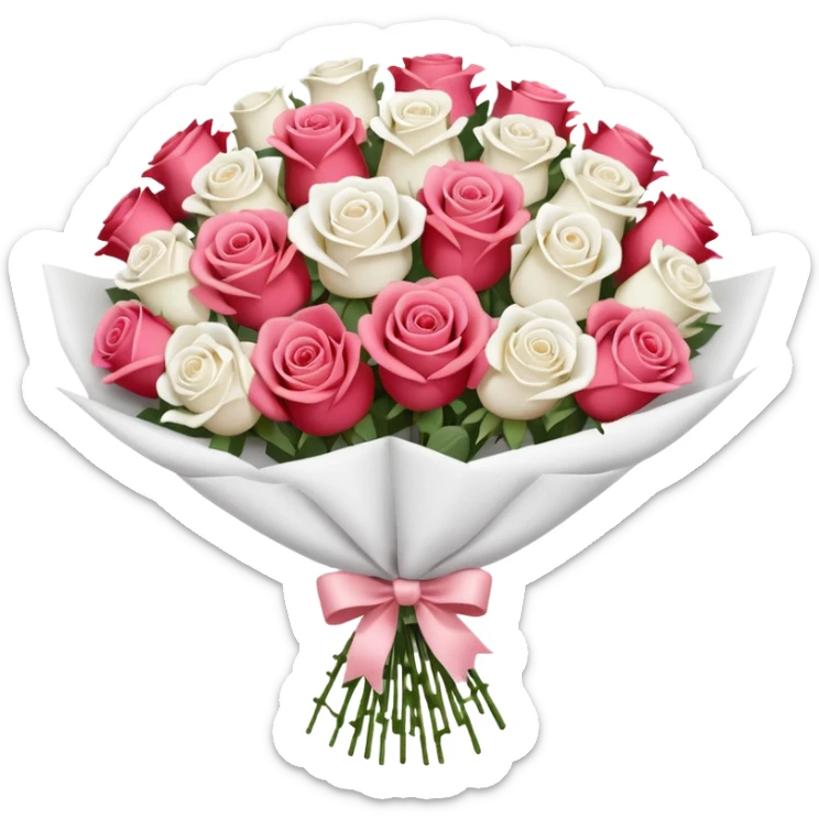 A white paper-wrapped bouquet of fresh roses and baby’s breath sticker