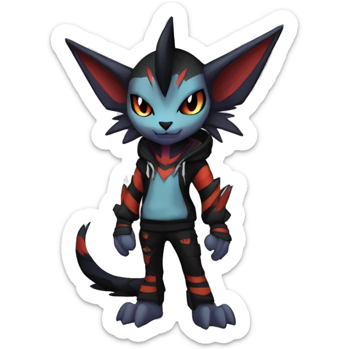 Cool Anthro Black Noivern-Absol-Litten-Pokémon with edgy stripes hoodie spiked collar punk Full Body sticker
