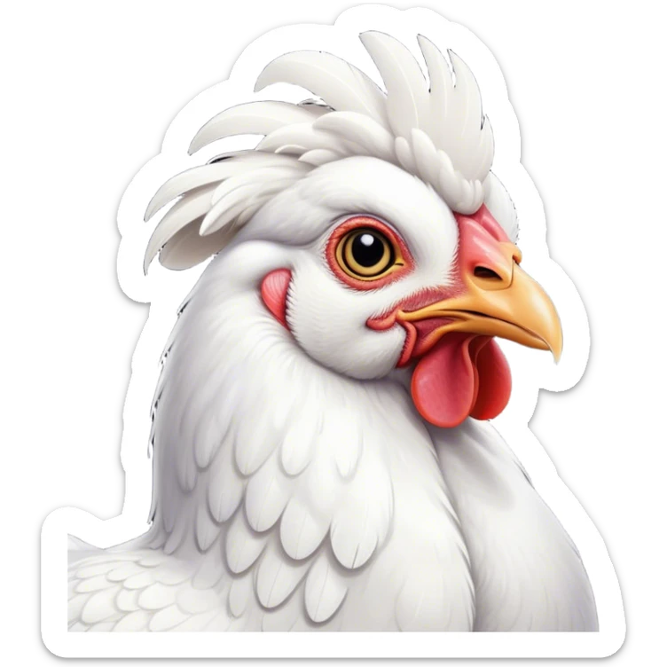 Cinematic Noble White Chicken Portrait Emoji, Poised and regal, with a compact, sturdy build and a pristine, well-groomed pure white plumage, deep-set soulful beady eyes, Simplified yet sharp and sophisticated features, highly detailed, glowing with a soft, dignified glow, high shine, intelligent and alert, stylized with an air of barnyard elegance, focused and attentive, soft glowing outline, capturing the essence of a watchful and confident fowl, so majestic it feels as though it could strut out of the screen with effortless authority! sticker