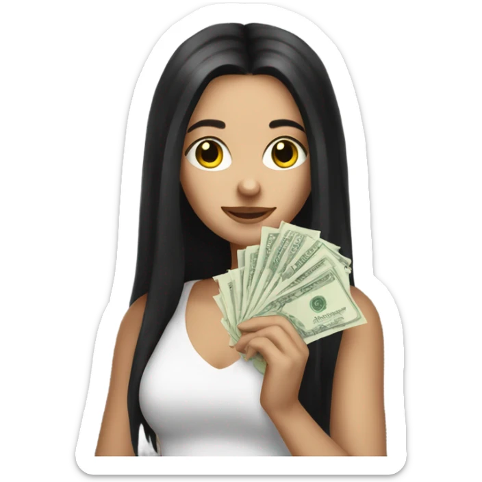 White girl with long black hair holding money money sticker
