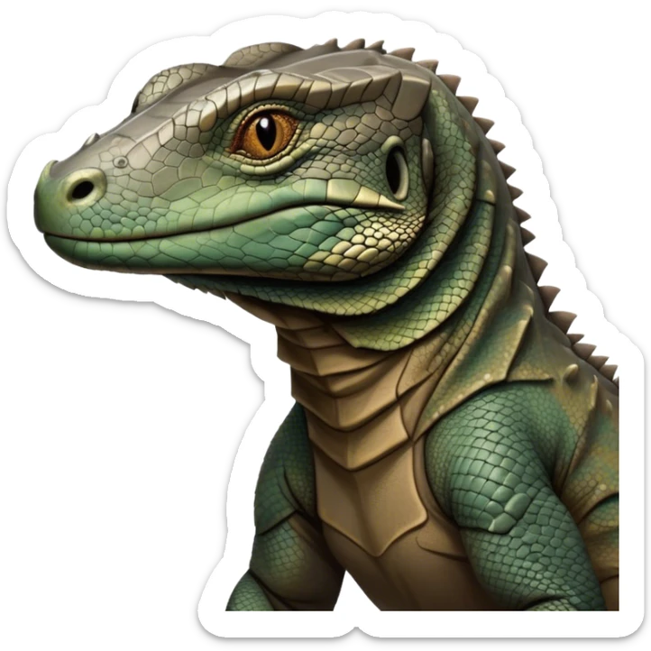 Cinematic Realistic Noble Komodo Dragon Portrait Emoji, Poised and imposing, with a massive, rugged build and a weathered, intricately scaled hide in earthy olive and dark tones, a distinct, powerful head with sharply defined features and piercing eyes, rendered in lifelike detail with natural texture and shadow, high shine, intelligent and formidable, styled with an air of ancient reptilian authority, focused and attentive, soft glowing outline, capturing the essence of a watchful and commanding Komodo dragon that appears ready to emerge from the screen with raw power! sticker