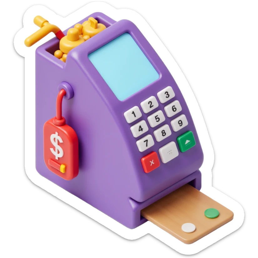 POS machine with a touchscreen and a credit card, skeuomorphism icon style, realistic and vibrant sticker