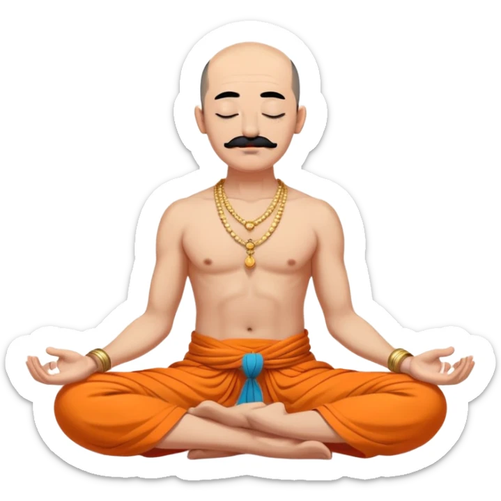 сossack with bold head, very long 15 inch black mustache, lock of black hair sprouting from the top of the shaven head, meditating bare torso with closed eyes in lotus pose in long orange indian dhoti covering the legs sticker