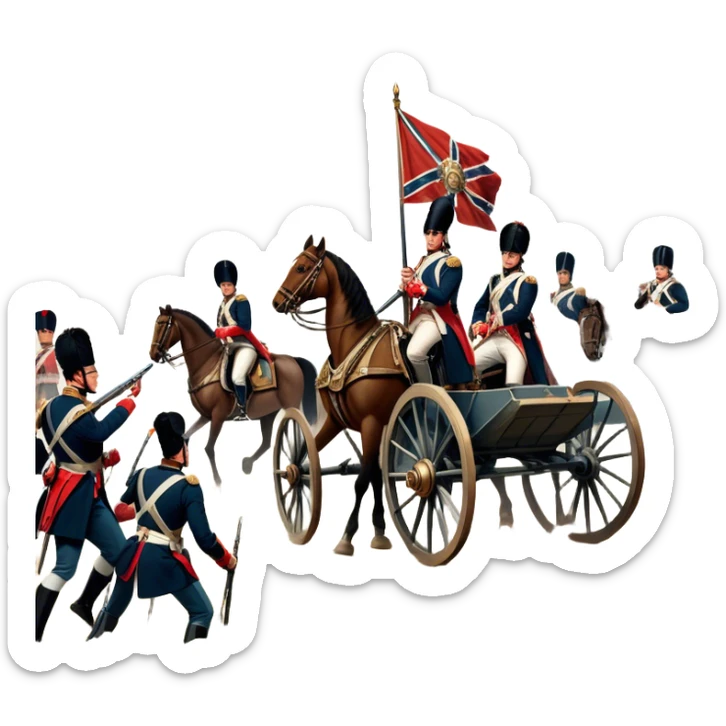 A vintage movie poster-style design depicting a dramatic Napoleonic War scene. Include soldiers in period uniforms, cannons, and a battlefield with flags and horses. The background should evoke a sense of battle and history, with old-fashioned cinematic flair. Transparent background. sticker