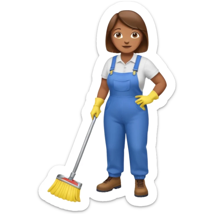 old and fat women, brown hair, Custodian with yellow rubber gloves, white T-shirt, blue overalls, mopping floor sticker