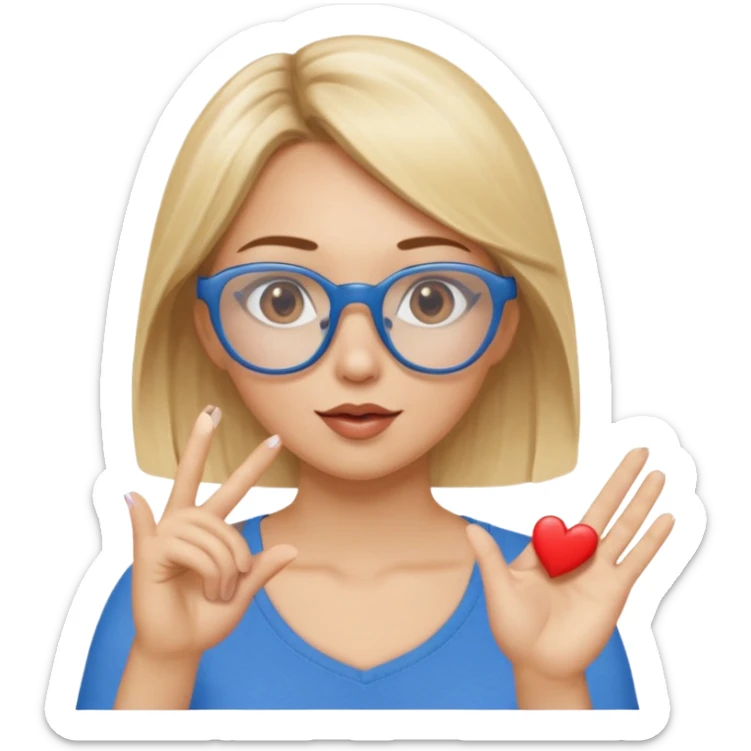 Asthectic Blonde women with brown eyes, blue glasses, waering a brown top, blowing a kiss with a small heart around her. Make sure she has 5 fingers sticker