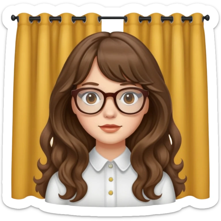 White skin Girl with brown long wavy hair with curtain bangs and brown glasses sticker