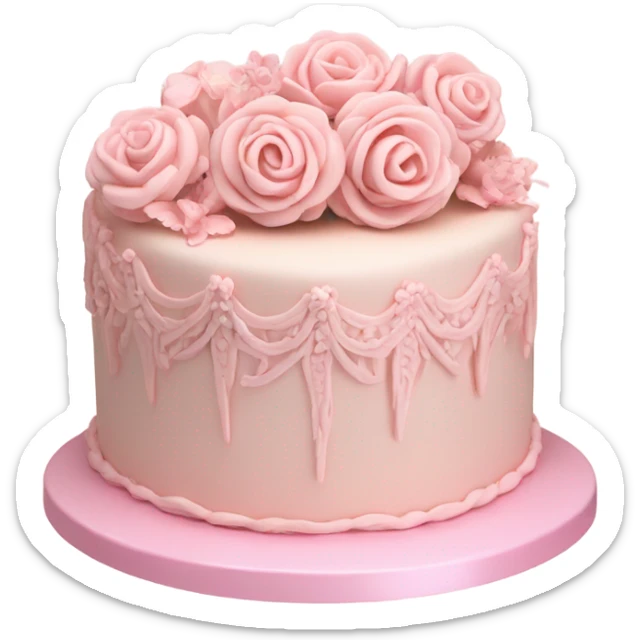 Pale pink vintage birthday cake with 3d flowers, highly detailed sticker