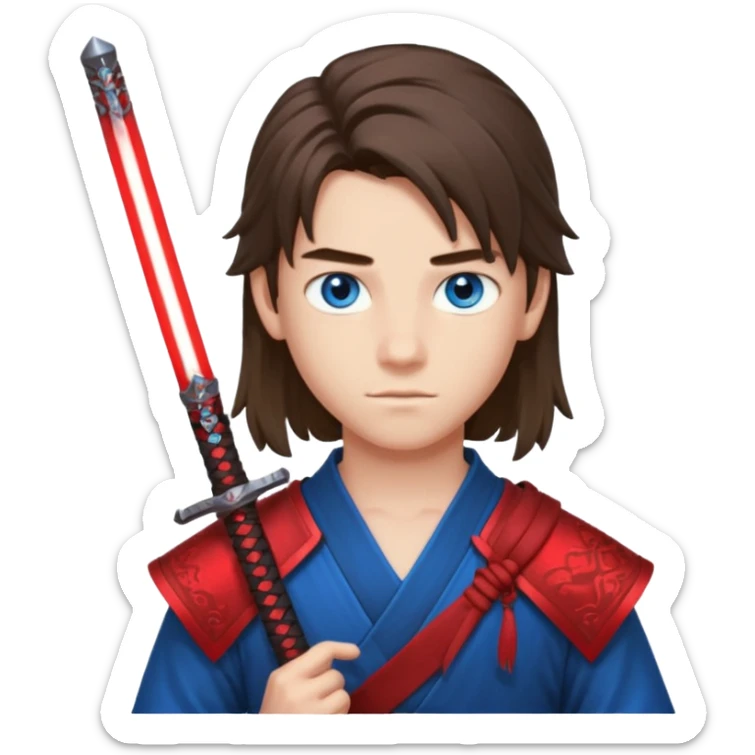 A 14 year old with red glowing katana and his hair be long and eye colour of blue make it boy  sticker