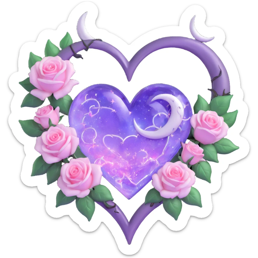 gothic heart made of pastel lilac glass, silver crescent moon, glowing white roses, holographic stardust, neon pink lightning, drenched and splintered glass sticker