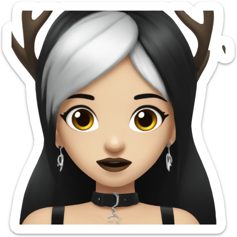 Portrait. Goth, deer girl. Wearing a black sleeveless dress with a choker. She has White antlers and deer ears. Long Black hair. She looks angry sticker