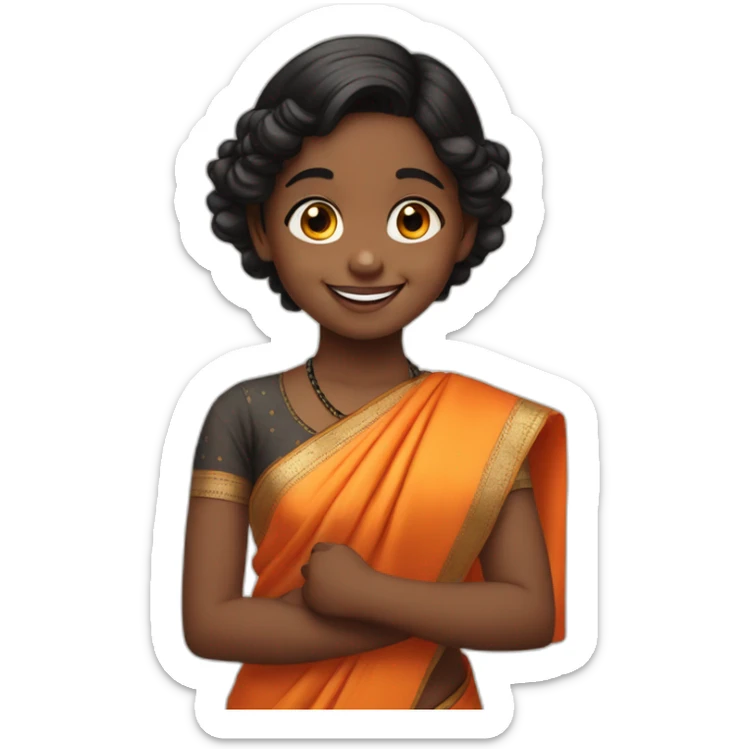 smiling and pointing 3 years old dark skin indian girl with black curly hair in pigtails wearing a orange saree sticker